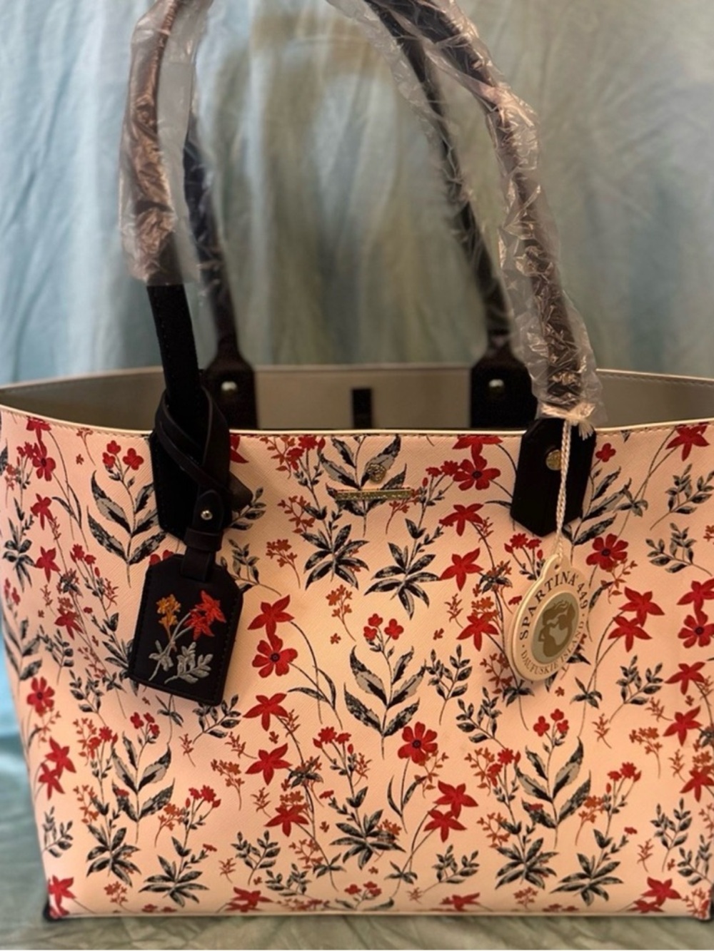 Spartina 449 Cream Floral Tote with Red and Navy Accents